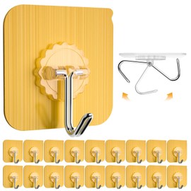 Wall Hooks 20lb(Max) Transparent Reusable Seamless Hooks,Waterproof and Oilproof,Bathroom Kitchen Heavy Duty Self Adhesive Hooks (20 Gold)