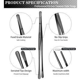 JETKONG 2 Pcs 10-Inch Kitchen Tweezers Tongs with Precision Serrated Tips, Stainless Steel Chef Tweezer Professional Cooking Tweezers for BBQ, Plating and Serving (10-Inch, Black)