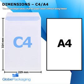 GP Globe Packaging 50 x C4 A4 White Plain Self Seal Paper Envelopes (Size: 324x229mm) - Printer Safe & Fully Opaque Security Envelopes - Business Mailing Envelopes for Office & Home Use