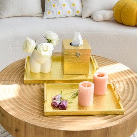 JUMBO HUMBLE Modern Elegant Large Wood Serving Tray, Set of 2 Gold Crocodile Leather with Gold Polished Metal Handles, Rectangle Decorative Tray Ottoman Tray Coffee Table Tray for Living Room