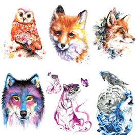 Glaryyears Animal Temporary Tattoos for Adults Women Men, 6 Pack Large Watercolor Fox Wolf Tiger Butterfly Owl Design Fake Tattoo Stickers, Body Makeup Water Transfer Art Decoration Long Lasting