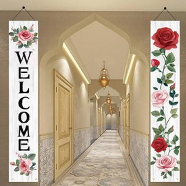 Starlit Patio 2PCS Welcome Spring Summer Porch Sign Hanging Door Banner Rose Flowers Rustic Wood Style Decorations for Front Door Seasonal Holiday Wedding Yard Wall Party Supplie 71 x 12 Inch