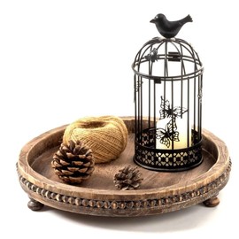 ouosawa Round Wood Tray for Home Decor, Wooden Decorative Tray for Kitchen Counter Coffee Table Centerpiece Living Dining Room Entryway, 12in Round Beaded Tray for Wedding Easter Thanksgiving, Brown