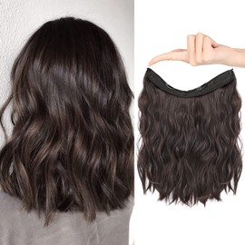HOOJIH Invisible Wire Hair Extensions 2 Ways Adjustable Headband Size Curly Wavy Invisible Short Wire Hairpiece 12 Inch 90 Gram for Women -Dark Brown