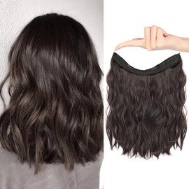 HOOJIH Invisible Wire Hair Extensions 2 Ways Adjustable Headband Size Curly Wavy Invisible Short Wire Hairpiece 12 Inch 90 Gram for Women -Dark Brown
