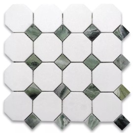 Stone Center Online T812XP Thassos White Marble Octagon Mosaic Tile Sagano Green Dots Polished