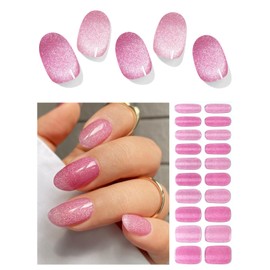 AutyaMee Semi Cured Gel Nail Strips (Pink Cat Eye)-20 PCS Gel Nail Wraps | Gel Nail Stickers, Salon Quality & Easy to Use | UV Light Required