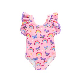 RuffleButts Baby/Toddler Girls UPF50+ Sun Protected Butterfly One Piece Swimsuit - Rainbows & Butterflies, 7