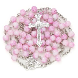 Rosary Beads Catholic for Women - Confirmation Gifts for Teenage Girl, Plum Blossom Bead Artificial Pearl Rosary Beads with Pink Velvet Pouch