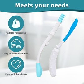 Toilet Aids Kit - Foldable Butt Wiper and Bath Brush Long Handle - Bottom Buddy Wiping Self Aid Helping The Disabled,Elderly,Pregnant and Physically Challenged