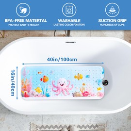 Kids Bath Mat with Ocean Theme Design, 40x16 inches, Non-Slip with 200 Suction Cups, Cartoon Sea Animals Pattern (Octopus, 40 * 16in)