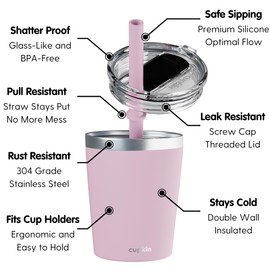CUPKIN Stackable Stainless Steel Kids Cup Smoothie Tumbler - Powder Coated Insulated Tumblers, BPA Free Lid and Silicone Straw (8 Fl Oz (Pack of 1), Pink)
