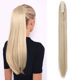 26" Ponytail Silky Straight Hair Extensions Clip In On Wrap Around Ponytail Hairpieces Long - Ash Blonde Mix Bleach Blonde(66cm-150g)