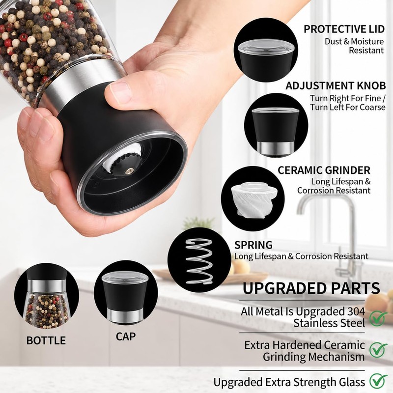 Premium Salt and Pepper Grinder Set of 2, 6 oz