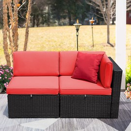 Flamaker 2 Pieces Patio Furniture Set Outdoor Loveseat All Weather PE Rattan Sofa Chair Set Corner Sofa Armless Sofa with Padded Soft Cushion (Red)