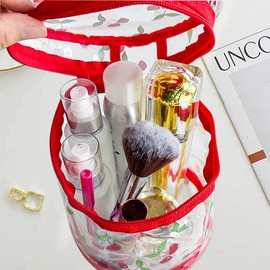 Bolsa de maquillaje de viaje con diseño de flores impresas, bolsa impermeable portátil con asa, ideal para mujeres y niñas, Diseño de fresa., 7.1x6.3x6.3inches, Bolsa floral estampada