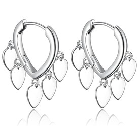 Eioi & Lmnm Women's Dainty Silver Heart Tassel Huggie Hoop Earrings, Trendy Metal Hearts Dangle Hoop Earrings, Hypoallergenic Silver Huggie Hoop Earrings with 5 Heart Charms, Delicate Jewelry Gift for Anniversary Valentine's Day Christmas (A)