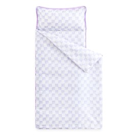 Wake In Cloud - Toddler Nap Mat with Pillow and Blanket, for Kids Boys Girls in Kindergarten Daycare Preschool Pre K, Roll Up Sleeping Bag, Lilac White Checkered, Standard Size
