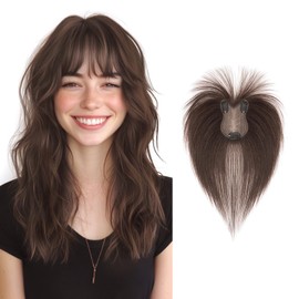 TESS Hair Topper Real Human Hair Toppers for Women with Thinning 11 Inch 360° Cover Clip in with Bangs Upgrade Lace Base Daily Wear, Dark Brown