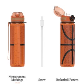 MYFOREST 32oz/1L Water Bottle, Durable Tritan, Leak-Proof, Dishwasher-Safe, BPA-Free, Drop-Resistant, Gulp Lid/Straw, Hand Loop, Carabiner for Hiking (Basketball, 32.5 Ounces)