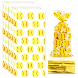 Softball Goodie Bags, 100 PCS Softball Gift Bags, Plastic Softball Snack Bag Baseball Goodie Candy Cookie Gift Bag with 100 PCS Twist Ties for Baseball Softball Themed Sports Party Favor Supplies