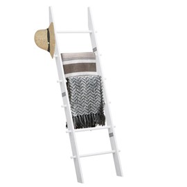 TEAKMAMA 6-Tier Blanket Ladder with Hanging Knobs,5.5 Ft Wall Leaning Blanket Ladders for Living Room Bedroom,Rustic Decorative Storage for Quilts,Throws,Easy to Assemble,White