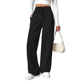 PINSPARK Women Wide Leg Sweatpants Elastic High Waisted Drawstring Casual Pants Straight Leg Long Pant with Pockets Black S
