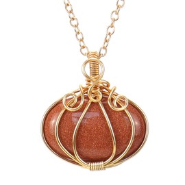 NALISASA Natural Quartz Stone Goldstone Pendant Necklace,Thanksgiving Charm Pumpkin Necklace, Fall Autumn Pumpkin Necklace for Women, Crystal Full Wire Wrap Gemstone Necklace (Brown)