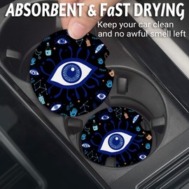 Yonlevres Car Coasters for Cup Holders，2.75" Anti Slip Rubber Mat with A Finger Notch, 2 Pack Car Cup Holder Coasters for Car Interior Accessories for Women Men Evil Eye