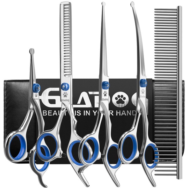 Dog Grooming Scissors Kit with Safety Round Tips, GLADOG Professional 6 in 1 Grooming Scissors for Dogs, Sharp and Durable Dog Grooming Shears for Dogs Cats Pets