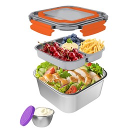 ENCYS Salad Container for Lunch Large-60-oz Salad Bowl with Lid,3 Compartment Bento-Style Tray and 1.5-oz Salad Dressings Container,Stainless Steel container with Lids, Lunch Box, Bento Box（Orange）
