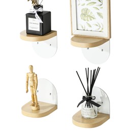 SAYAYO Small Floating Shelves for Wall Set of 4, Wooden Wall Shelves with White Metal Shelf Brackets for Small Objects, Heavy Duty Rustic Decor for Bedroom, Living Room, 10x10cm, Round Style