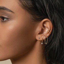 Sanfenly Chain Earrings for Women - 925 Sterling Silver Double Piercing Stud Hoop Earrings 14K Gold Huggie Earrings for Multiple Piercing CZ Drop Cartilage Helix Earrings for Teen Girls-AG