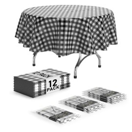 Exquisite Picnic Table Cover - 12 Pack Premium Round Plastic Tablecloth - Black & White Checkered BBQ Plastic Table Cover - Gingham Checkerboard Disposable Plastic Tablecloth 84 inch. Round