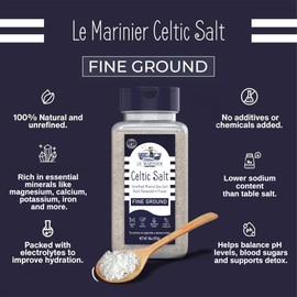 Le Marinier French Sea Salt Fine Ground, 1 lb - 16oz. Mineral Rich 100% Natural and Unrefined. Refillable Salt Shaker. Sea Salt Organic with Vital Minerals. Hand Harvested (1 lb Fine Ground)