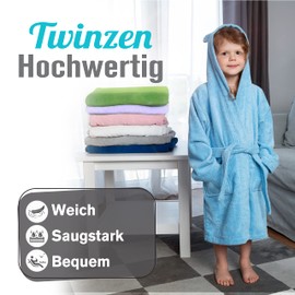 Twinzen Children's Bathrobe for Girls or Boys, 100% Cotton without Chemicals, Oeko-Tex® Certified, 2 Pockets, Belt, Hood with Ears, Pastel blue, 11-12 Jahre