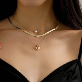 Inilbran Boho Layered Snake Chain Choker Necklace Gold Pearl Pendant Necklace Vintage Flat Herringbone Chain Necklace Puffy Heart Necklace Jewellery for Women and Girls