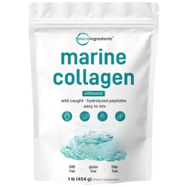 Micro Ingredients Marine Collagen Peptides Powder, 1 lb | Type I Marine Collagen + Natural Protein | Wild-Caught Fish Source | Unflavored | Supports Hair, Skin & Joint Health | Pescatarian, Non-GMO