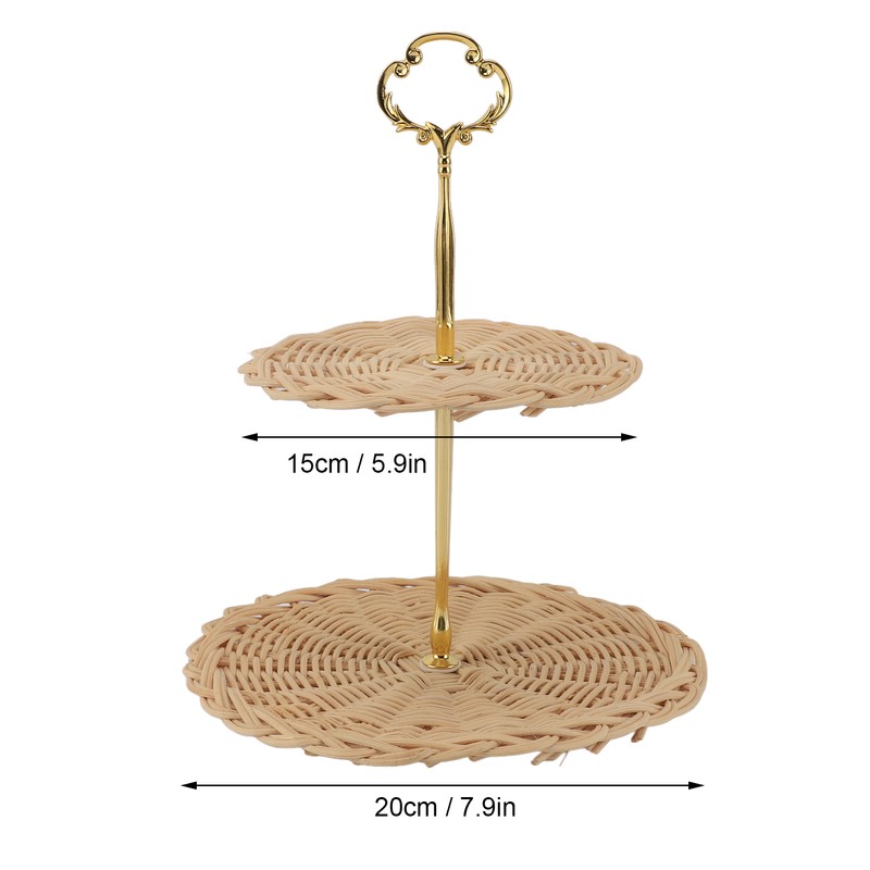 2 Tier Rattan Serving Standing Trays Round Woven Bread Fruit