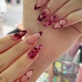 French Tip Press on Nails Medium Almond Flower Petal Fake Nails with Glue Gold Pearl Rhinestones Stick on Nails Full Cover Nude Glossy False Nails for Women DIY Manicure Decoration 24PCS