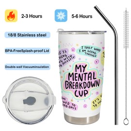Behifl Boho Stainless Steel Tumbler with Lid and Straw - 20oz Mental Health Cup - Positive Affirmation Gifts for Women
