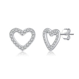 Reffeer Solid 925 Sterling Silver CZ Heart Stud Earrings for Women Teens Open Heart Earrings Stud Hypoallergenic (A-Silver)