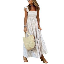 Leyoutx Women's Sleeveless Strap Retro Plaid A-Line Smocked Maxi Long Dress with Ruffled Hem (X-Small, Khaki)