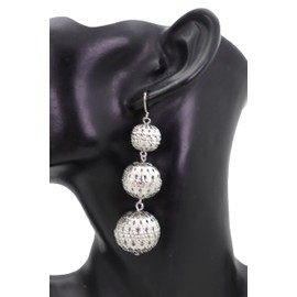 Women Fashion Jewelry Hook Earrings Set Long Silver Mesh Metal 3 Disco Ball Dangle Drop