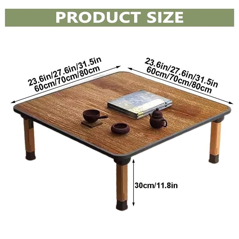 WIKLMOTH Japanese Wooden Folding Tea Coffee Tables, Square Floor Adjustable