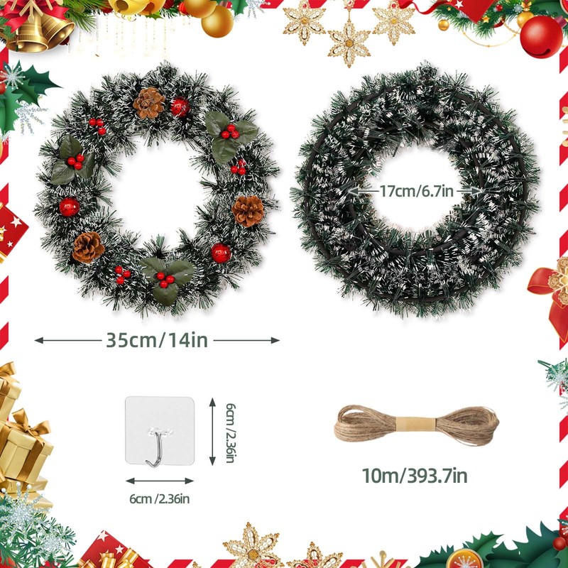 2Pcs Artificial Christmas Wreath with 1 Rope and 2 Hooks,