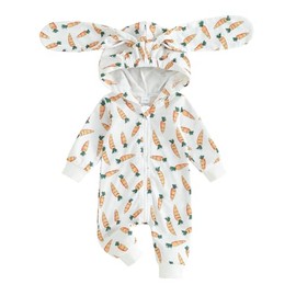 Goelsakurara Baby Girl Boy Easter Outfit Long Sleeve Zipper Hooded Romper Bodysuit Rabbit Ear Jumpsuit Cute Newborn Bunny Clothes(Easter Carrot-White,6-12 Months)