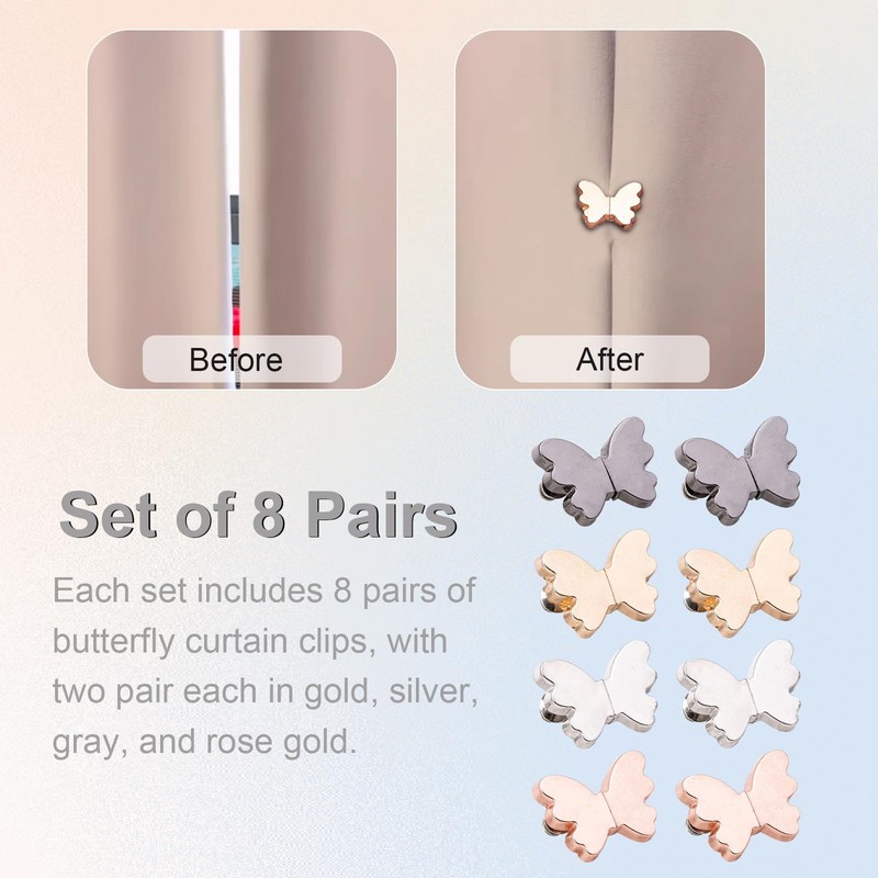 8 Pairs Butterfly Curtain Clips, Magnetic Curtain Closures, Easy to