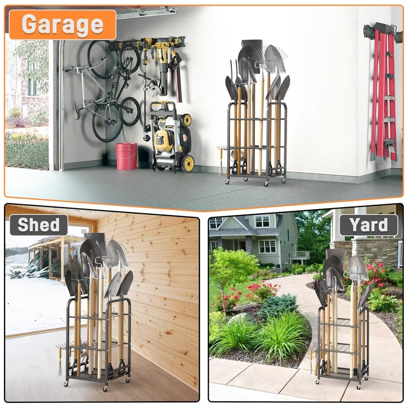 TORACK Garden Tool Organizer Stand with Wheels, Rakes Shovels Yard