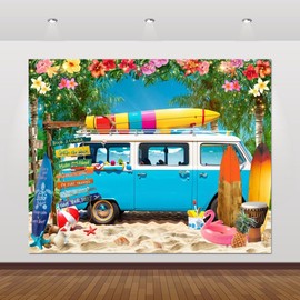 Summer Hawaiian Beach Backdrop 10x8ft Tropical Seaside Palm Trees Surfboard Background Hawaii Aloha Luau Party Decoration Banner Beach Backdrop for Surf Party Photoshoot Pictures Photo Props